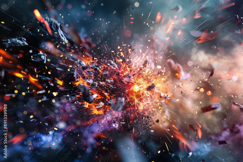 Poster this image captures the moment of an explosion, with vivid colors, fragments, and light trails sprea
