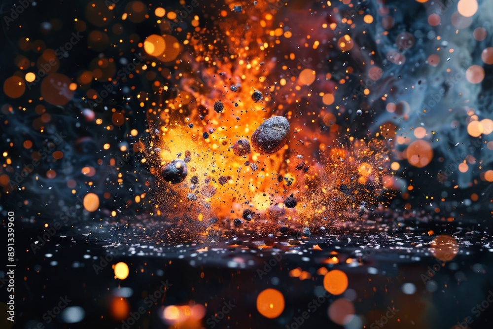 Leinwandbilder depicting a vivid explosion, this image features glowing embers and scattered debris against a dynam