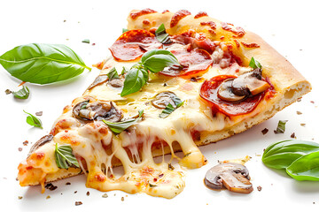 Slice of pizza with melting cheese, pepperoni, and mushrooms, fresh basil leaves isolated on white background