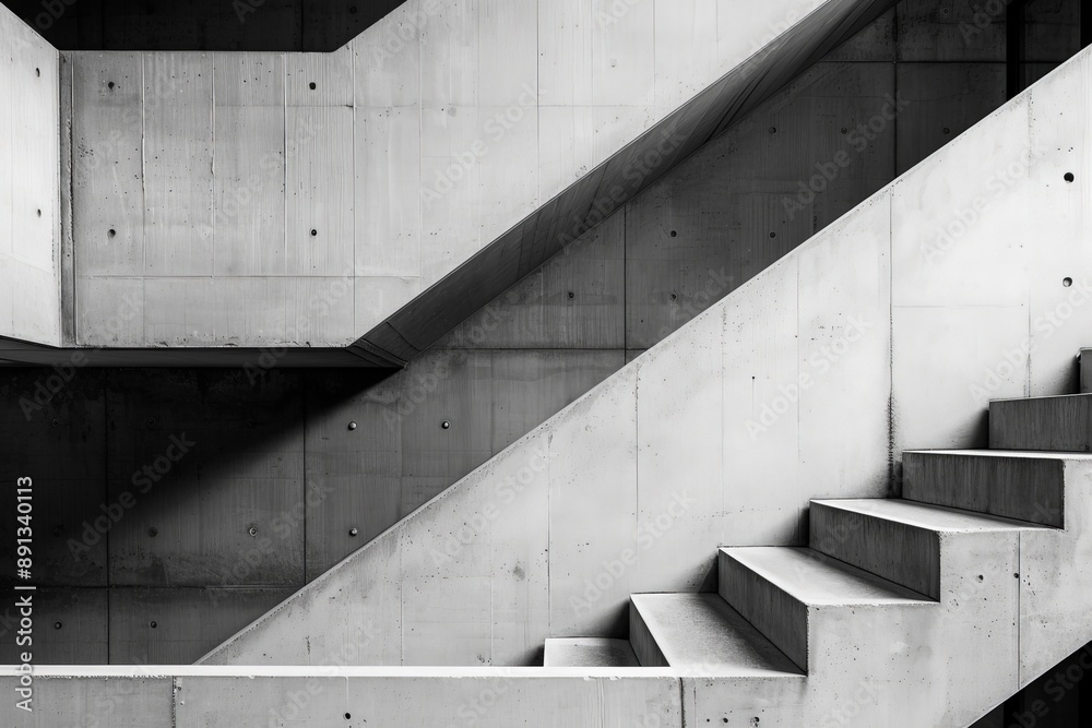 Poster this image shows concrete staircases with an industrial design, emphasizing strong geometric shapes,