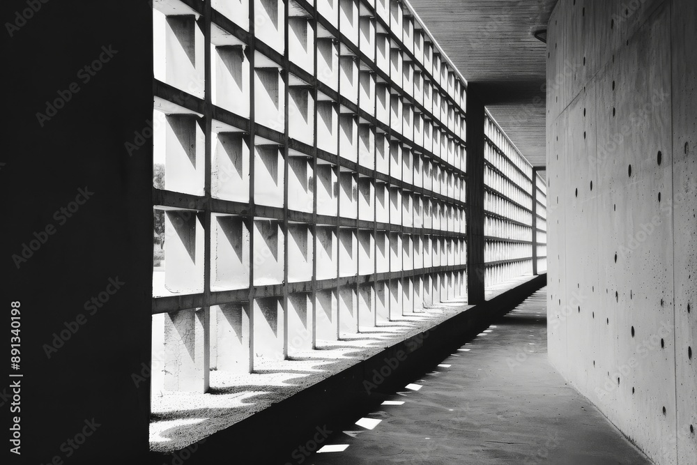 Poster This black and white image showcases a segmented concrete wall forming a grid pattern, which casts distinct shadows on the adjacent pathway in a modern architectural setting.