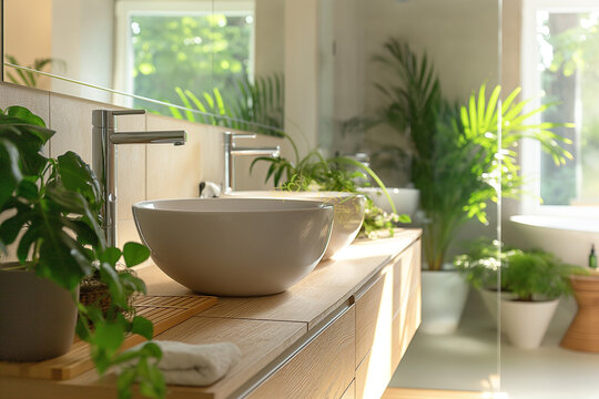 Modern and minimalist bright bathroom with a lot of green plants