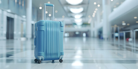A blurred crowd suitcase sits on the brightly lit, tiled floor in a deserted airport terminal waiting room