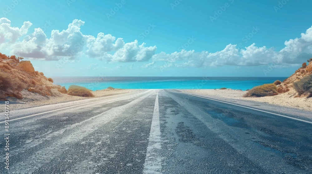 Wall mural a scenic road leading to a beautiful ocean horizon under a clear blue sky with fluffy white clouds, 