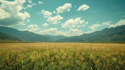 Fototapeta premium A vast field with tall grass stretching towards distant mountains under a clear blue sky, showcasing a peaceful rural landscape