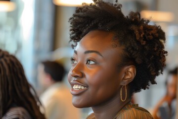 Obraz premium A charming woman with natural curly hair, smiling brightly in a cafe setting with warm ambient light, wearing hoop earrings, embodying friendliness and natural beauty.