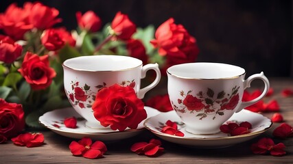 Fototapeta premium Two tea cup on the table and red flowers on the cup