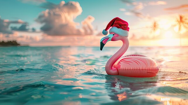 A pink flamingo float wearing a Santa hat drifts on the ocean at sunset, blending tropical vibes with Christmas cheer