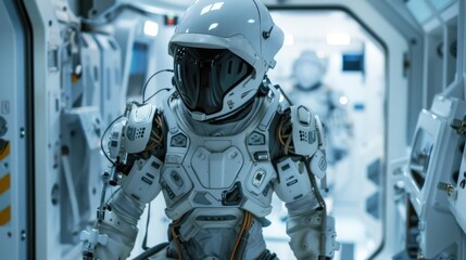 A man in a white space suit is walking through a space station
