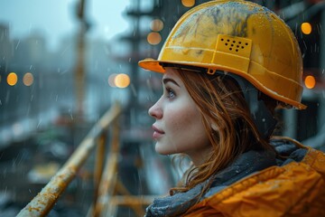 A construction worker clad in a yellow hard hat and rain jacket stands on a scaffold during a rainstorm, emphasizing the resilience and dedication of laborers.