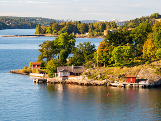 Stockholm, Sweden - Sep, 2022: Typical sweden wooden properties on the islands of the Stockholm Archipelago in the Baltic Sea in Northern Europe