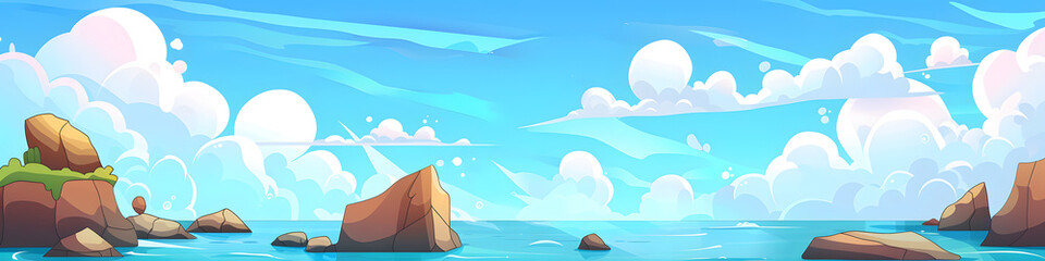 Sea landscape with blue sea water and clouds in blue sky cartoon illustration