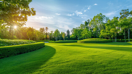 Verdant lawn stretches under a blue sky in the morning. Neatly trimmed bushes curve gracefully, while tall trees stand in the distance, basking in the warm sunlight.