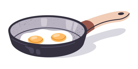 Frying pan with eggs. Cooking frying eggs, morning breakfast omelet or scrambled eggs cook, non-stick frying pan flat vector illustration. Food preparation kitchenware