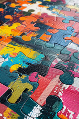 Obraz premium Completed puzzle of diverse shapes and colors on a meeting table symbolizing inclusivity