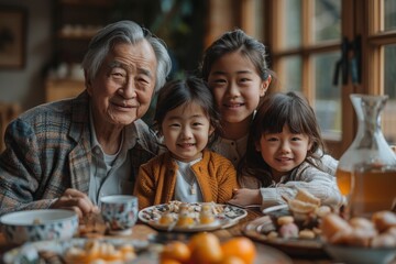 A grandfather with his three young grandchildren share a joyful meal together in a cozy setting, embodying warmth and family unity across generations.