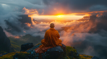 Obraz premium Lonely Buddhist monk sitting high on a mountain and meditating at dark sunrise with beautiful nature landscape