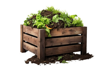 A Wooden Compost Bin Overflowing With Kitchen Scraps and Garden Greens on a Clear PNG or White Background.