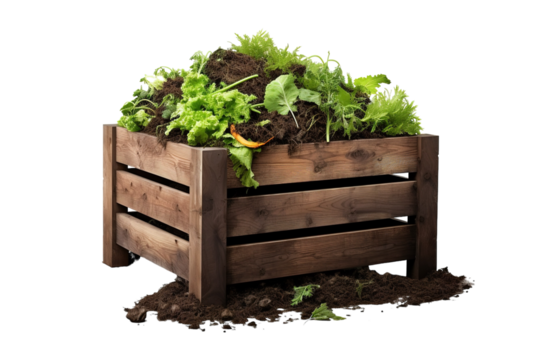 A Wooden Compost Bin Overflowing With Kitchen Scraps and Garden Greens on a Clear PNG or White Background.