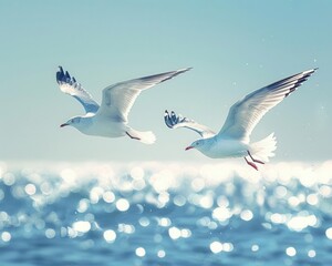 Obraz premium Two birds in midflight over the sea, wings outstretched, blue sky background, sunlight reflecting off water, vibrant and serene, detailed and dynamic