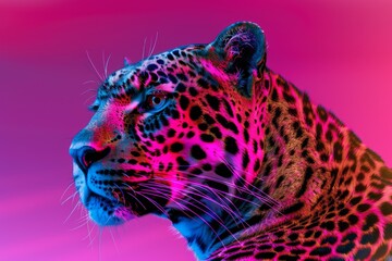 Obraz premium close-up of leopard face with neon light glowing background fantasy artwork, generative ai. Beautiful simple AI generated image in 4K, unique.