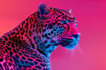 Obraz premium Close-up of a Leopard with Colorful Neon Lights Background. Beautiful simple AI generated image in 4K, unique.
