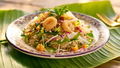 A vibrant image of Nasi Ulam, a traditional herb rice salad with a variety of fresh herbs, spices, and vegetables.