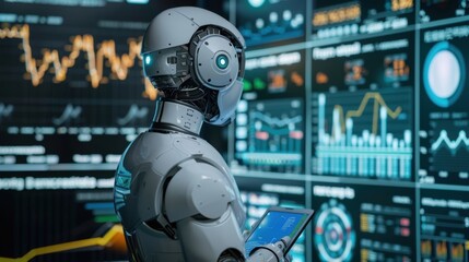 A robot is standing in front of a computer monitor with a tablet in its hand