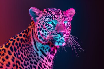 Fototapeta premium close-up of leopard face with neon light glowing background fantasy artwork, generative ai. Beautiful simple AI generated image in 4K, unique.