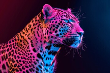 Obraz premium close-up of leopard face with neon light glowing background fantasy artwork, generative ai. Beautiful simple AI generated image in 4K, unique.