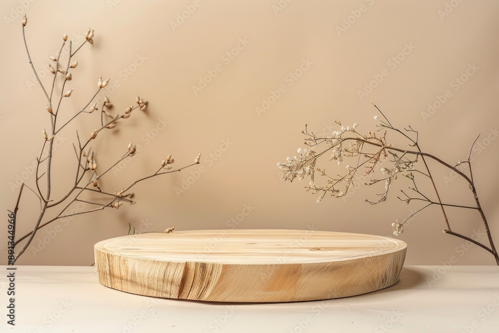 Wall mural Wooden eco rustic pine tree wood circle disc platform podium on beige background. Minimal empty display product presentation scene - generative ai