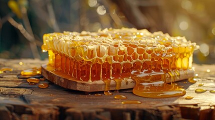 A honeycomb dripping with fresh honey on a wooden board, highlighting the raw and natural state of honey