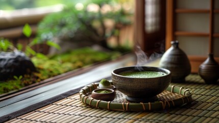A Japanese tea ceremony setting with matcha tea bowl and traditional sweets on a tatami mat