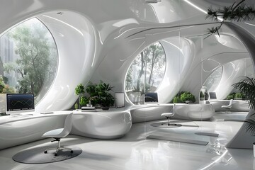 Futuristic High-Tech Office Space with Advanced Technology and Modern Design