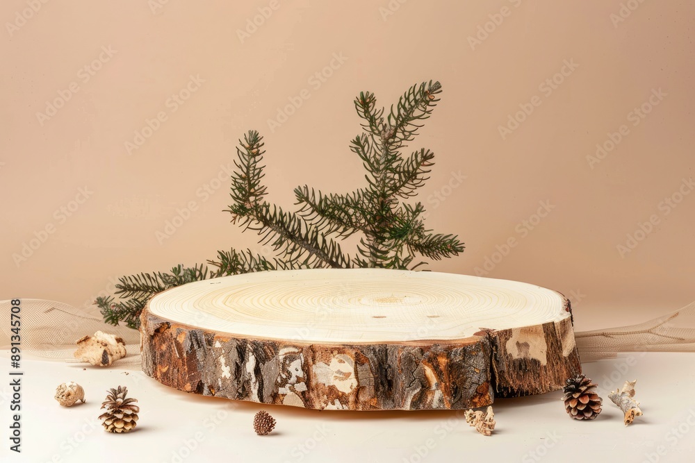 Wall mural Wooden eco rustic pine tree wood circle disc platform podium on beige background. Minimal empty display product presentation scene - generative ai