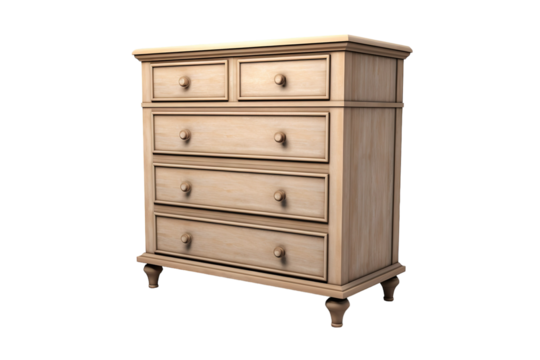 A Light Wooden Chest of Drawers With Five Drawers and Turned Legs on a Clear PNG or White Background.
