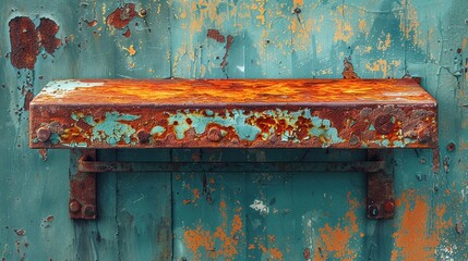 Rustic Metal Shelf Against Weathered Painted Wall with Peeling Paint and Rust for Industrial and Vintage Design Concepts