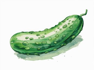 Vibrant Watercolor Illustration of a Fresh Green Cucumber on White Background.