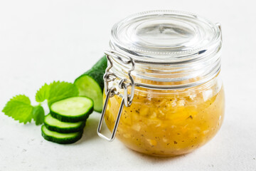 Sweet spicy ginger cucumber mint jam. Top view, copy space, flat lay.