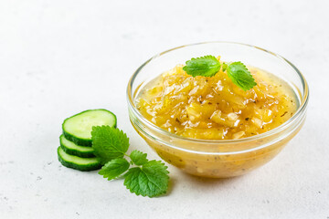 Cucumber jalapeno mint jam. Top view, copy space, flat lay.