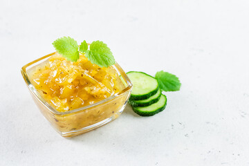 Cucumber marmalade jam. Top view, copy space, flat lay.