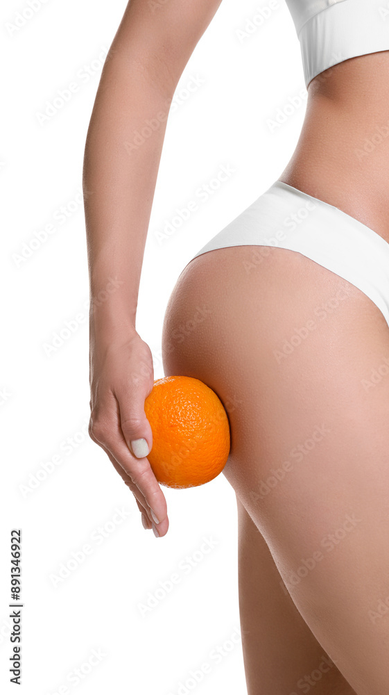 Canvas Prints Woman in underwear with orange on white background, closeup. Cellulite problem