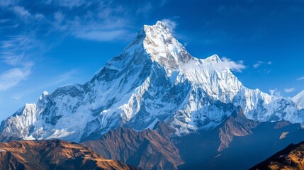Fototapeta premium A majestic mountain peak covered in snow under a clear blue sky, showcasing natural beauty