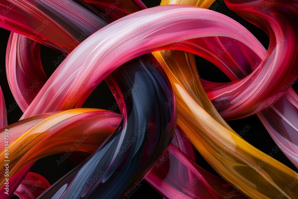 Poster An abstract image showcasing intricately intertwining ribbons in various colors, creating a sophisticated, complex pattern that highlights movement, connection, and artistic design.