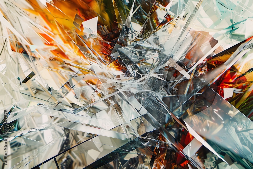 Fototapete This image captures a dynamic and intricate explosion of glass shards and reflections, creating a chaotic yet mesmerizing abstract composition full of energy and movement.
