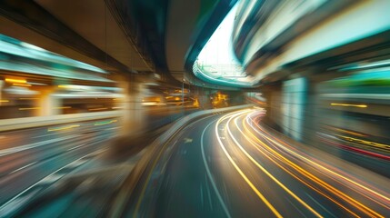 Fototapeta premium Highway overpass in motion blur, urban cityscape creating a dynamic backdrop.