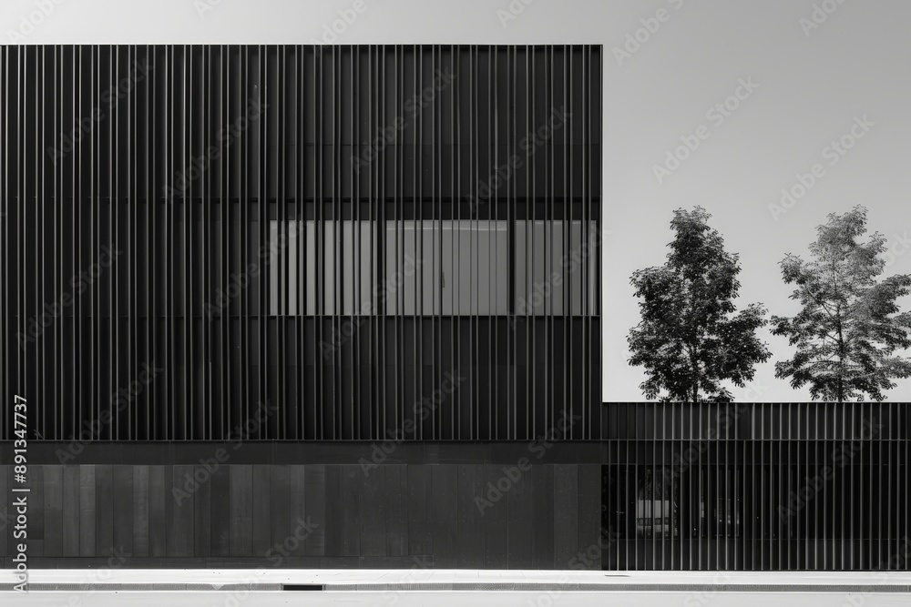 Aufkleber a contemporary black building facade with vertical lines, showcasing sleek architectural design, acc