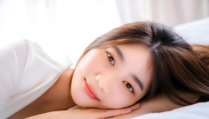 Fototapeta premium Young asian woman lying on bed