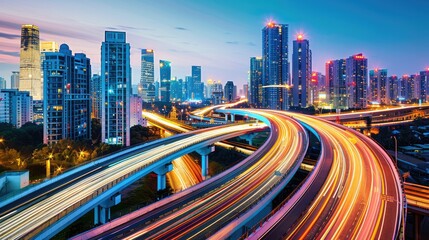 Obraz premium Highway overpass motion blur, with urban cityscape glowing in the evening.