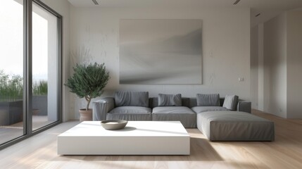 A minimalist living room with a grey sofa, a white coffee table, and a single piece of abstract art, highlighting modern aesthetics